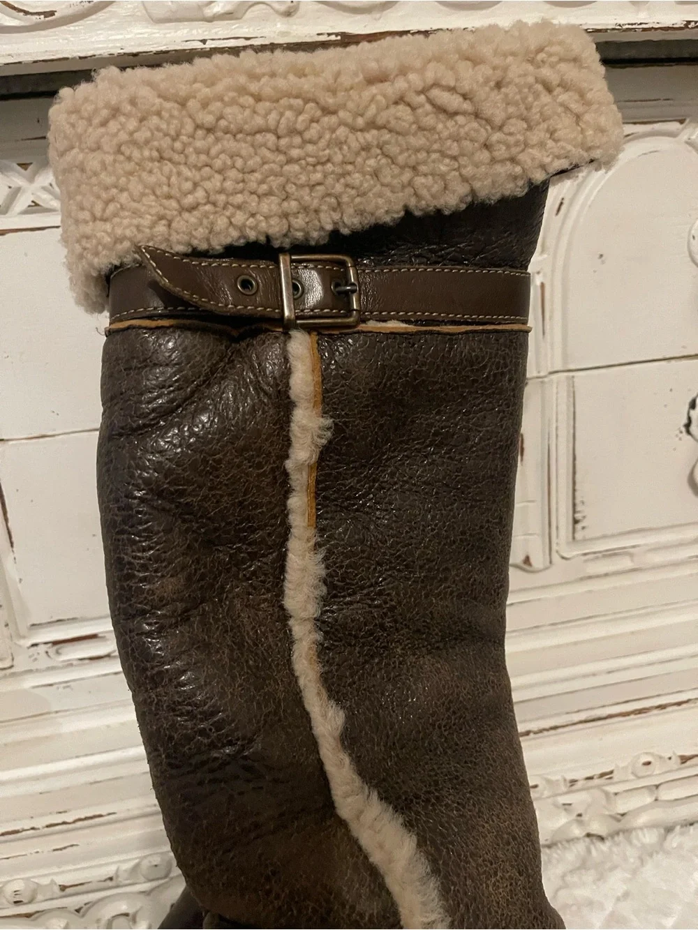 Born Brown Leather Knee High Shearling Boots
